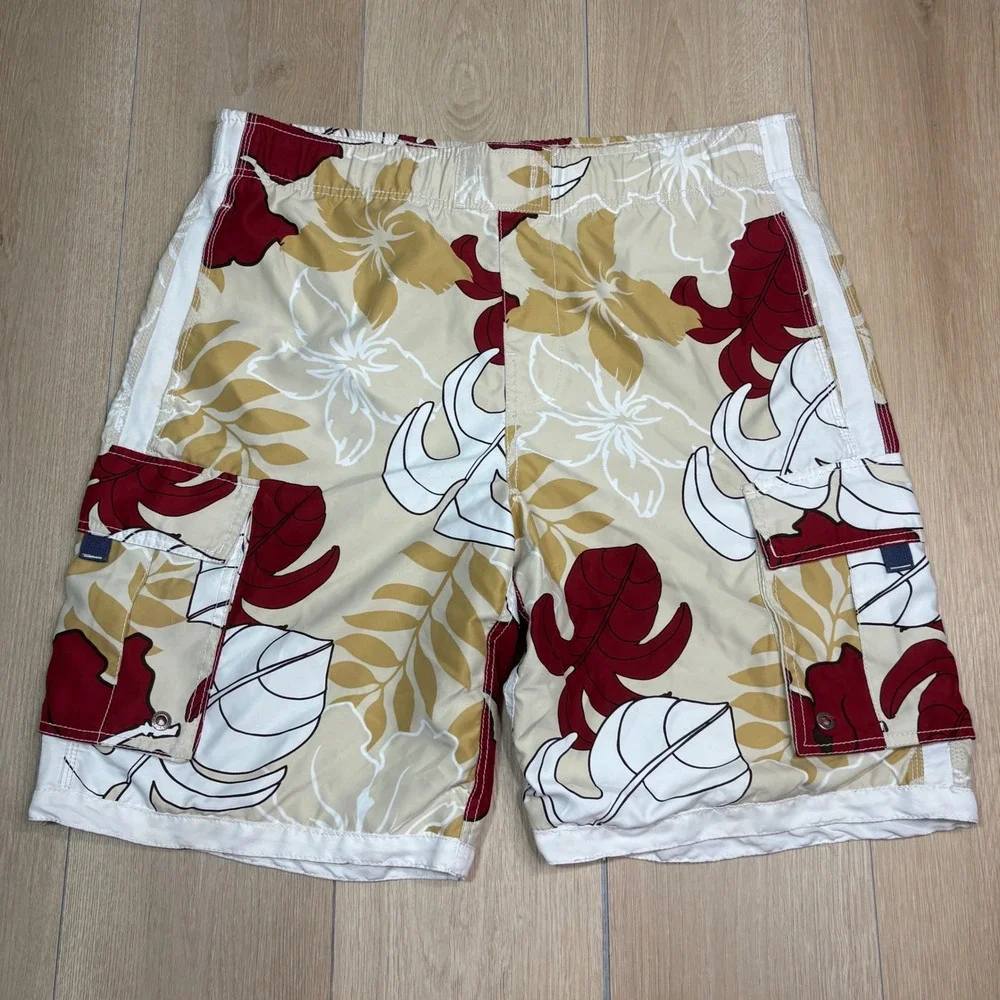 Aeropostale Y2K Aero Surf Mens Medium Tropical Floral Cargo Board Shorts Tan Red